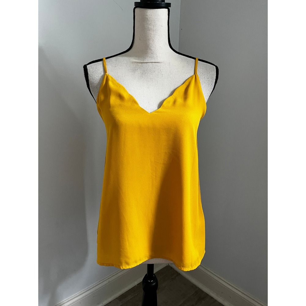 V-Neck Camisole Top XS Cami Mustard Yellow Scalloped Minimalist Office Boho Chic